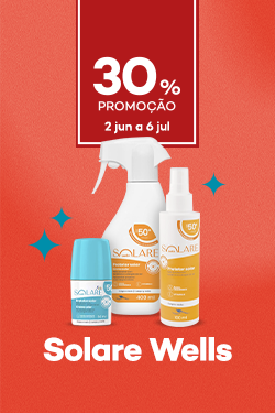 Protetores Solares da marca Solare Wells com destaque promocional 30% direto
